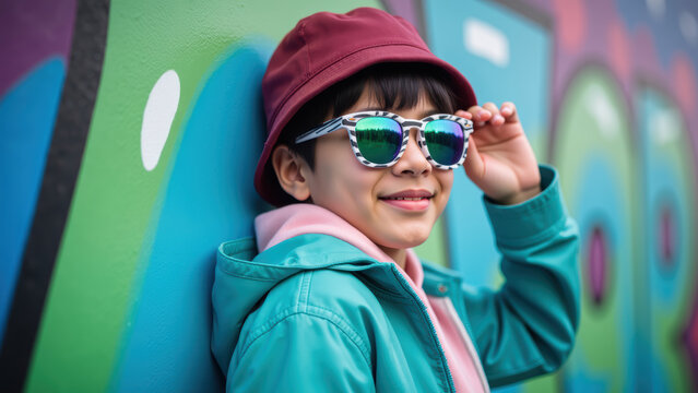 Stylish child wearing sunglasses and colorful outfit, posing against vibrant graffiti wall, exuding confidence and joy