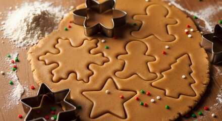 Gingerbread dough with cookie cutters ready for christmas baking on wooden table background