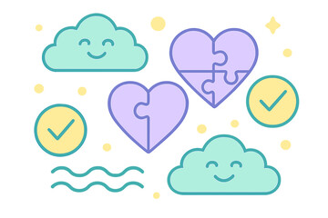 Set of positive symbols featuring smiling clouds, heart puzzle pieces, and confirmation checkmarks