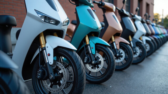 Sleek electric scooters lined up in row, showcasing modern design and vibrant colors. Ideal for urban commuting and eco friendly travel