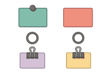 Colorful blank note cards and office supplies including push pin, binder clips, and metal rings