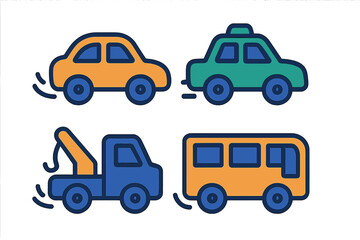 Four colorful transportation vehicles including a sedan, taxi, tow truck, and city bus