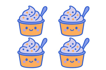 Cute cartoon dessert cups with whipped cream and sprinkles featuring happy smiling faces