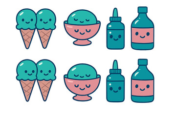Cute smiling ice cream cones sundaes and syrup bottles in teal and pink colors