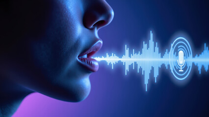 Digital voice recognition technology sound wave visualization profile of person audio signal modern communication technology concept