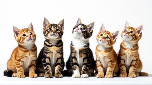 A group of adorable kittens sit side by side, showcasing their playful and curious nature