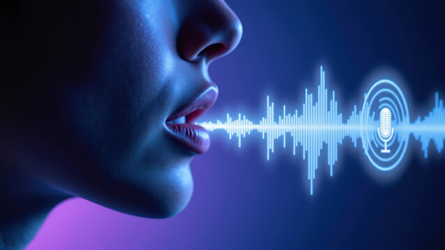 Digital voice recognition technology sound wave visualization profile of person audio signal modern communication technology concept