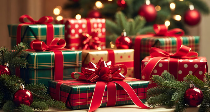 Beautifully wrapped Christmas presents glowing under festive lights, capturing the joy, warmth, and magical spirit of holiday giving and celebration.
