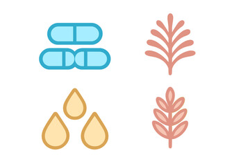 Stylized icons representing pharmaceutical capsules, essential oil drops, and natural botanical ingredients