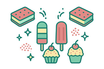 Colorful summer desserts set featuring ice cream sandwiches popsicles and cupcakes