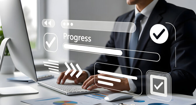 Focused professional driving productivity forward with seamless digital progress tools, transforming workflow efficiency through modern technology.