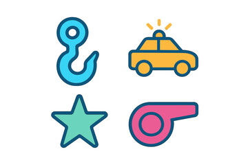 Colorful icons set featuring construction hook, police car, rating star, and safety whistle symbols