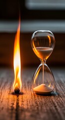 An hourglass and a matchstick with a flame on a wooden surface, symbolizing time and the passage of moments in a close-up shot