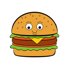Cute cartoon hamburger character with a happy face isolated on white background isolated on transparent background