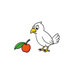 Cute cartoon white bird looking at a red apple with a green leaf isolated on white background isolated on transparent background