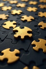 Fototapeta premium Close up abstract view of shiny metal puzzle pieces forming a crossword grid pattern, focusing on reflections and metallic textures. A tightly cropped, macro photograph of highly reflective, metallic