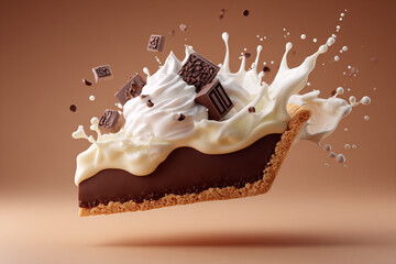 A delicious slice of chocolate pie with a crunchy crust topped with fluffy white cream chocolate pieces and splashes of milk creating a delightful dessert explosion against a warm brown background