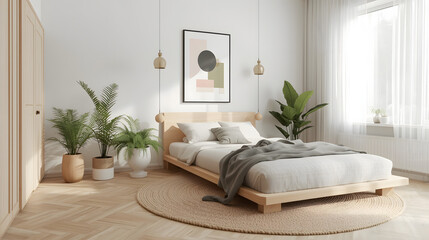 Fototapeta premium Modern luxury apartment interior design with comfortable furniture including sofa, bed, chair, and floor lamp