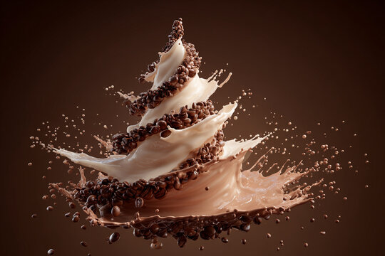 Dynamic coffee bean and latte splash art on a rich brown background creating an energetic display of swirling liquid and roasted beans a delicious beverage concept