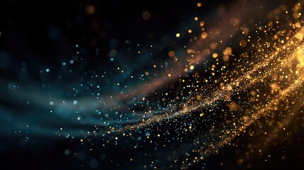Golden glittering particles flowing in dark abstract bokeh light background