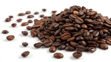 Fototapeta premium Roasted coffee beans pile spilling from top corner With shadow. AI GENERATED.