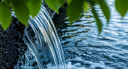Clear water cascading over dark rocks with green leaves
