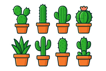 Set of potted desert plants featuring prickly cactus and various succulents