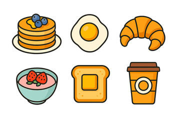 Popular breakfast foods including pancakes, fried egg, croissant, toast, and coffee cup