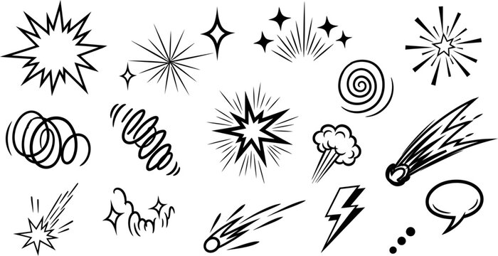 Collection of hand drawn comic book style explosion and starburst graphic elements on white background