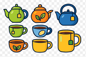 Brightly colored collection of teapots, mugs, and kettles with hot beverage