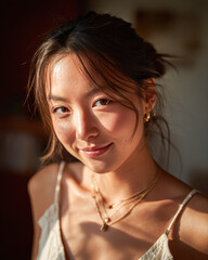 A warm portrait of a woman with soft lighting, showcasing her natural beauty and jewelry against a blurred background.