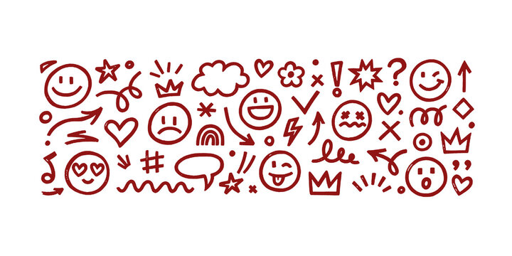 Smile brush hand drawn vector element set. Emoji fun face, heart, crown symbol crayon texture marker background kid sketch style hand drawn element. Color smiley face, arrow. Vector illustration