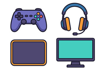 Gaming and streaming equipment set featuring controller headset monitor and screen
