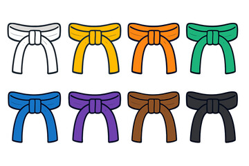 Colored martial arts belts set showing rank progression in combat sports training