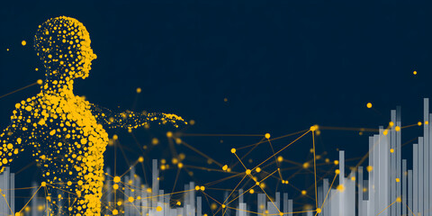 Futuristic digital human design, golden dots create a stunning human form, connected by a modern network and financial graph, perfect for innovation projects