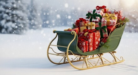 Sleigh full of christmas presents in a snowy landscape with blurred trees in background
