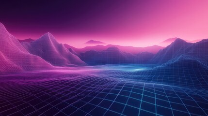 Retro neon grid landscape creating a digital synthwave world