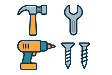 Basic hardware tools collection including hammer, wrench, power drill, and screws