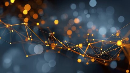 A glowing orange network of interconnected points and lines floats against a dark background with blue and orange bokeh lights - Powered by Adobe