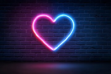 A neon heart is lit up on a brick wall