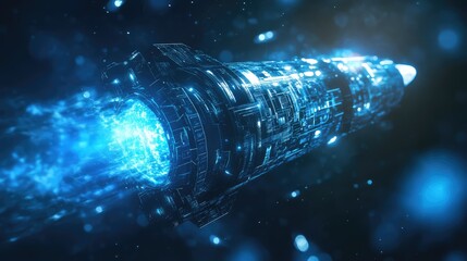 Futuristic spaceship traveling through deep space with glowing engine