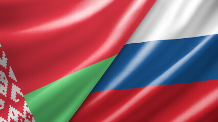 Belarus and Russia two national flags filling the entire frame, close-up view, edge-to-edge composition