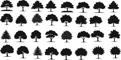 PrintTree silhouette collection, black vector trees, diverse foliage shapes, botanical illustration, nature icons, landscape design, forest graphic, minimal tree art