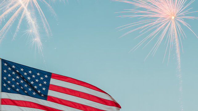 American flag waving in the wind with fireworks exploding in the sky - Powered by Adobe