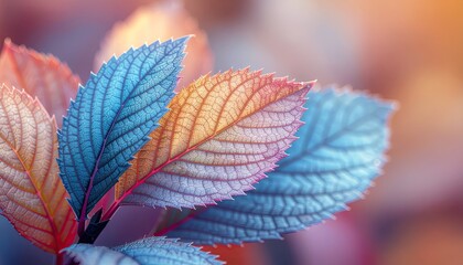 Close Up Macro View Of Autumn Leaves In Cool Blue And Warm Orange Hues With Frosty Edges And Soft Bokeh Background