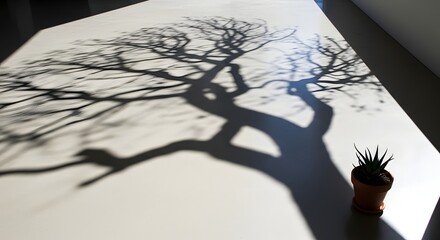 The shadow of a leafless tree is cast on a white surface next to a small potted plant, creating an artistic and natural silhouette scene