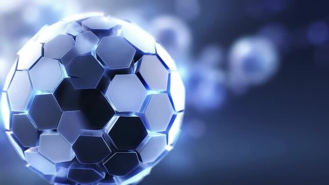 A glowing spherical object composed of interlocking hexagonal panels against a dark blurred blue background