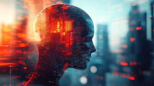 Humanoid head made of circuit with cityscape background