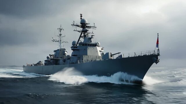 Modern Naval Warship Cutting Through Rough Sea