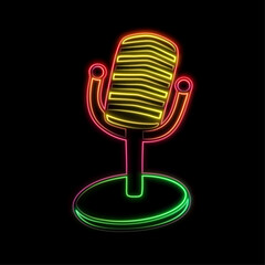 Neon microphone icon glowing on dark background